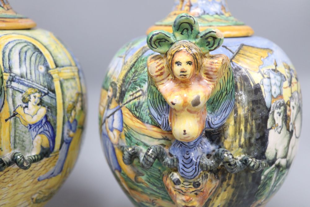 A pair of Italian maiolica vases and covers, height 37cm